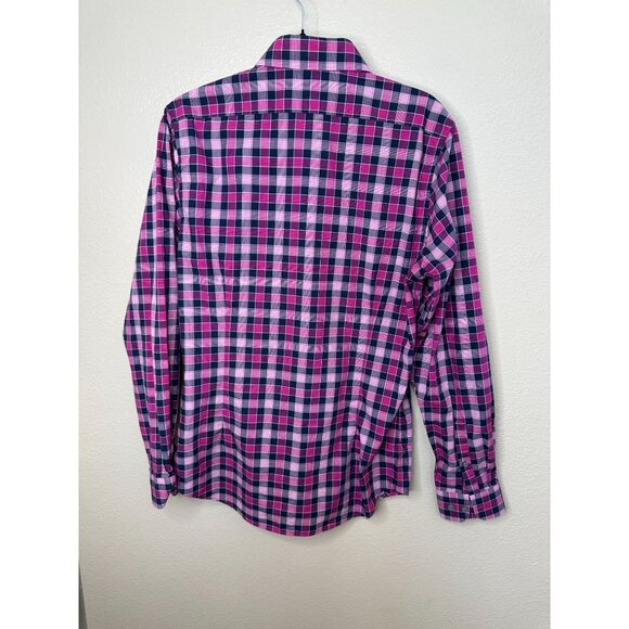 Mens‎ Express Pink Navy Plaid Shirt M 15-15.5 100% Cotton Long Sleeve Fitted - Picture 5 of 6